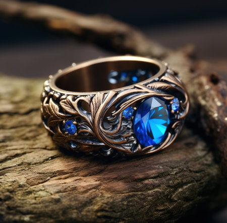 Jewelry ring with blue sapphire on wooden background.の素材