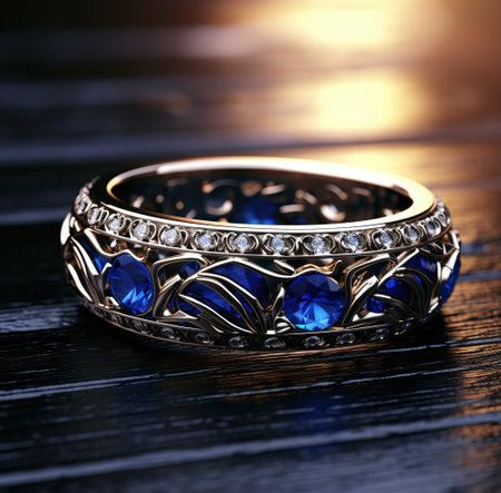 Jewelry ring with precious stones on a wooden background. Close-up.の素材