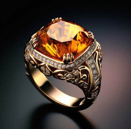 Jewelry ring with diamond on a black background. 3d illustrationの素材