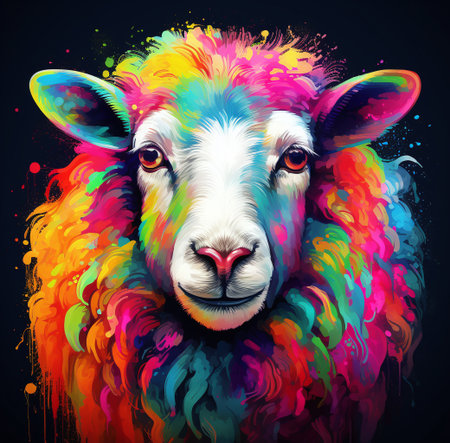 Sheep head with colorful paint splashes on a black background.の素材