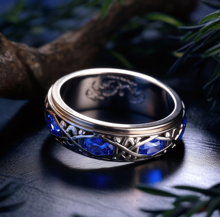 wedding ring with blue gemstone on a dark background.の素材