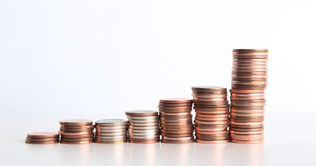 Coins stacked on each other in different positions, on white backgroundの素材