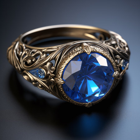 Jewelry ring with blue sapphire on a dark backgroundの素材