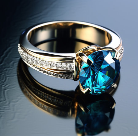 Jewelry ring with blue sapphire on a dark backgroundの素材