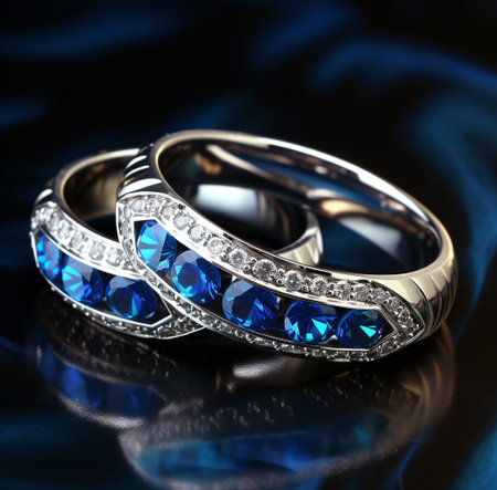 Wedding rings with blue sapphire on a black backgroundの素材