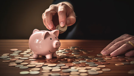 Man's hand putting coin into piggy bank on wooden table. Business and finance concept.の素材