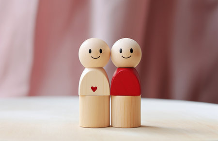 Smiling couple of wooden doll with red heart on white background.の素材