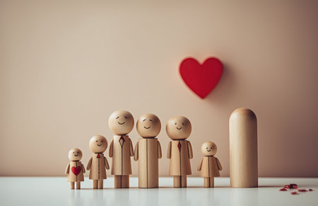 Family and love concept. Wooden figures of people and red heart. 3D Renderingの素材