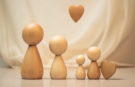 wooden figures of people in the shape of a heart on a light backgroundの素材