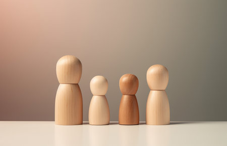 Wooden figures of people stand in a row on a white surface. business conceptsの素材