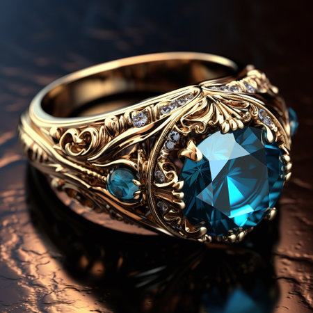 Jewelry ring with blue sapphire on a dark backgroundの素材