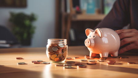 Piggy bank and coins on the table. Saving money concept.の素材