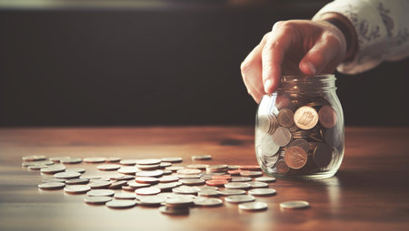 Coins in a glass jar on a wooden table. Saving money concept.の素材