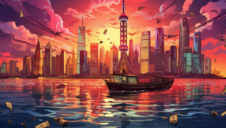 Shanghai skyline at sunset with old ship and skyscrapersの素材