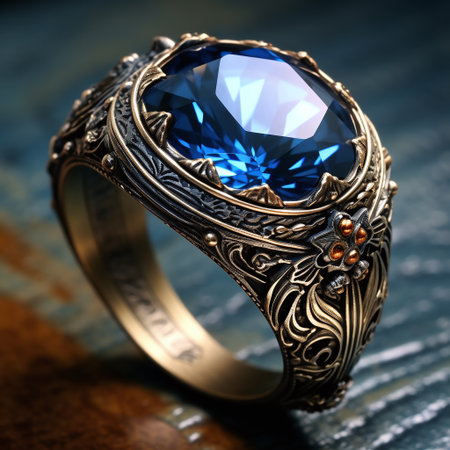 Jewelry ring with blue sapphire on wooden background.の素材
