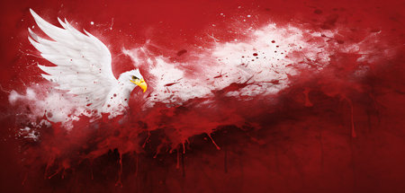 White eagle with blood splatter on red grunge background. copy space.の素材