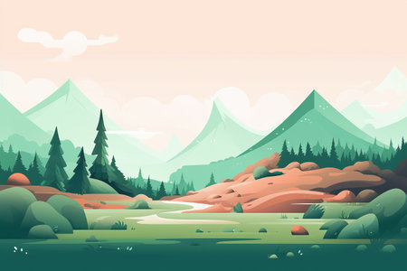 Landscape with mountains, forest and river. Cartoon vector illustration.の素材