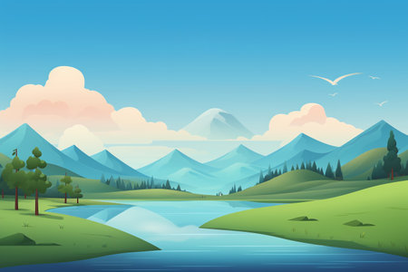 Beautiful landscape with lake, mountains and sky. Vector illustration.の素材