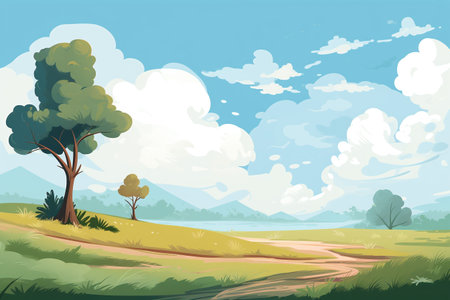 Vector illustration of a beautiful summer landscape with trees and meadow.の素材