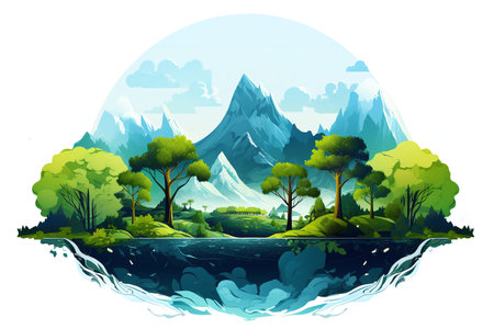 Nature landscape with mountains, trees and lake in cartoon style. Vector illustration.の素材