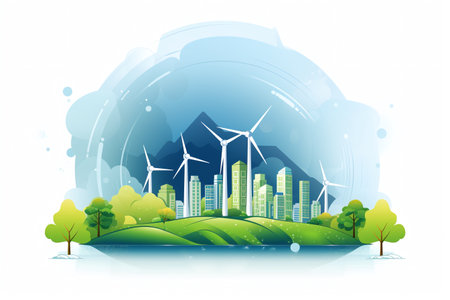 Ecology concept with city and wind turbine. Vector illustration for your designの素材