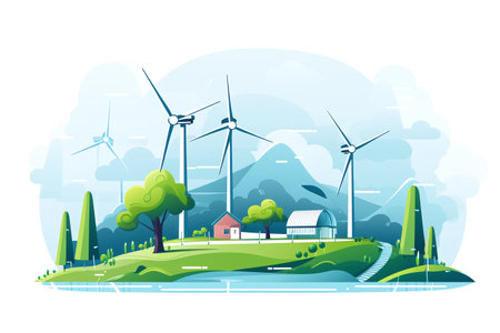 Ecology concept with wind turbines on green field. Vector illustration.の素材