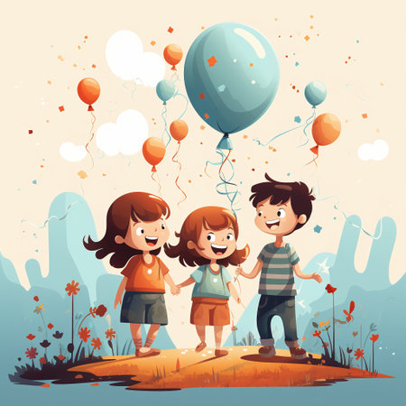 Happy kids playing together with balloons in the park. Vector illustration.の素材