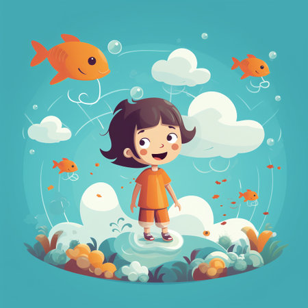 Cute little girl swimming in the sea with fishes. Vector illustrationの素材