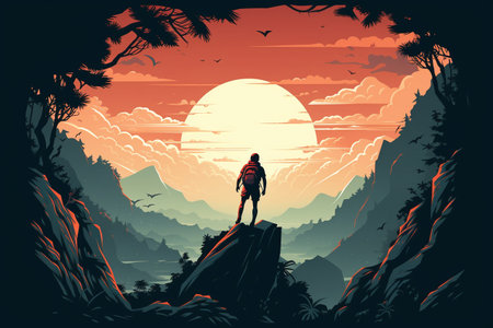 Silhouette of a woman hiker with a backpack on the top of a mountain at sunsetの素材