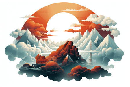 Landscape with mountains, sun and clouds in the sky. Vector illustration.の素材