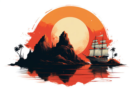 Vintage sailboat on the sea against sunset. Vector illustration.の素材