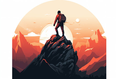 Vector illustration of a man on top of the mountain at sunset.の素材