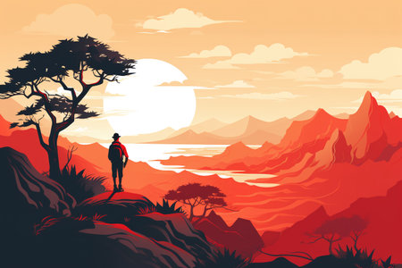 Hiking in the mountains at sunset. Vector illustration of a man with a backpack standing on a cliff.の素材