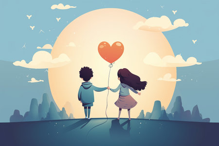 Vector illustration of a boy and girl holding a balloon in the shape of a heartの素材