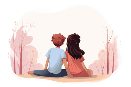Young couple sitting on the ground in the park, vector illustration.の素材