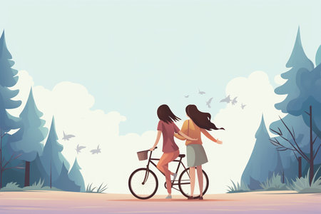 Two girls riding bicycle in the park. Vector illustration in flat styleの素材