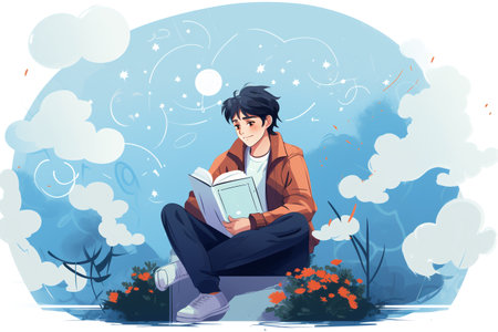 Young man reading a book sitting on the bench. Vector illustration.の素材