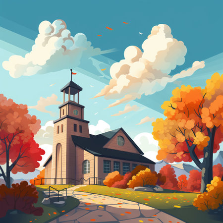 Autumn landscape with church. Vector illustration in flat cartoon style.の素材