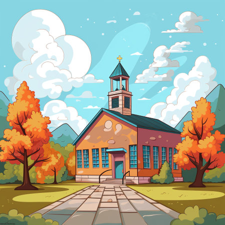 Vector illustration of a school building with a bell tower in autumn.の素材