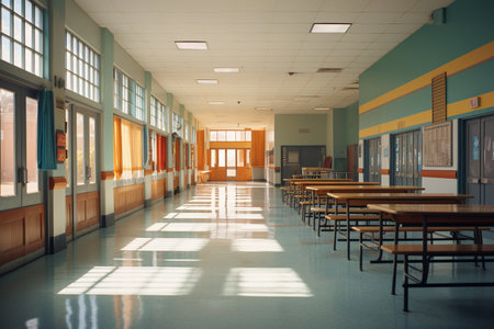Interior of a school corridor with empty tables and chairs, tonedの素材