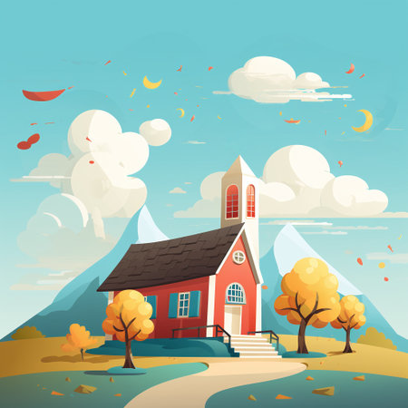 Church in the autumn landscape. Vector illustration in flat cartoon style.の素材