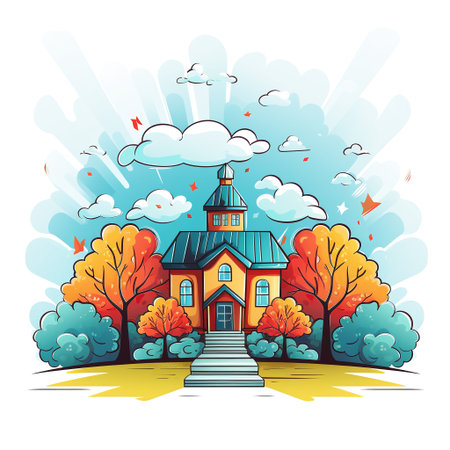 Autumn landscape with colorful trees, church and clouds. Vector illustration.の素材