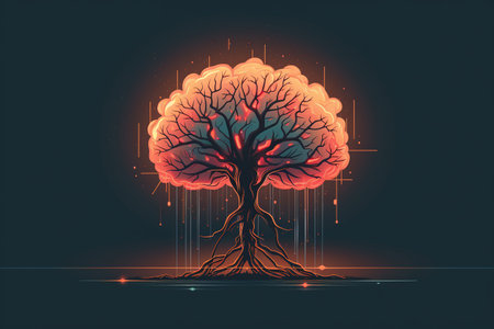 Abstract tree with roots on a dark background. Vector illustration.の素材