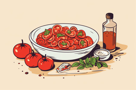 Tomato salad in a bowl with tomato sauce and basil leaves. Vector illustration.の素材