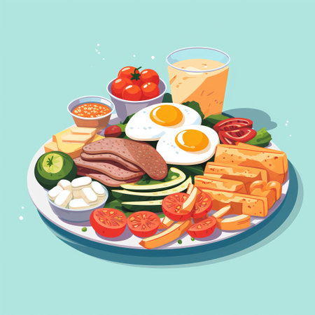 Vector illustration of a plate with different food. Fried eggs, grilled meat, tomato, cucumber, onion, cheese, bread.の素材