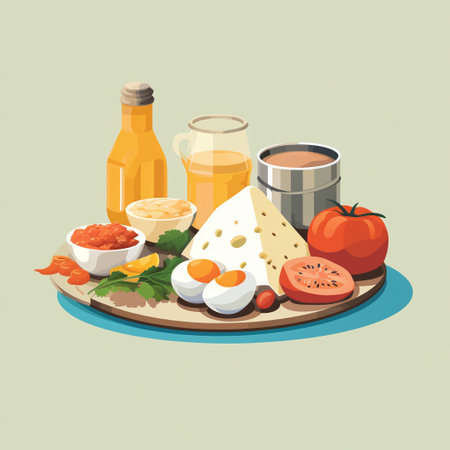 Healthy food vector illustration. Cheese, tomato, olive oil, milk, eggs, sausages.の素材