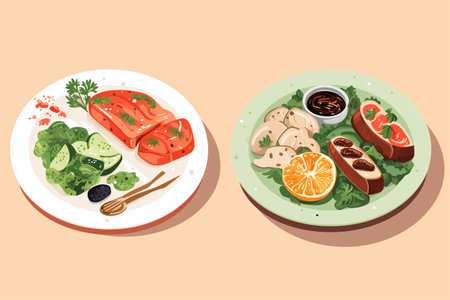 Vector illustration of two plates with salmon, cucumber, lettuce and tomato.の素材
