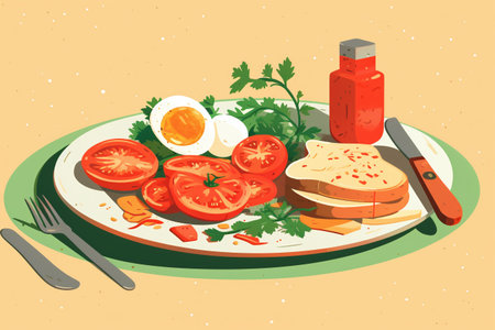 Illustration of a healthy breakfast with toast, tomatoes, egg and parsleyの素材