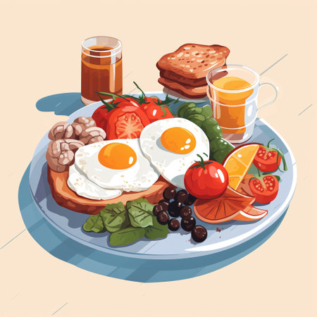 Breakfast with fried eggs, bacon, tomatoes, olives and juice. Vector illustrationの素材
