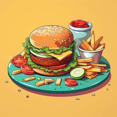 Vector illustration of hamburger with french fries and ketchup on yellow background.の素材